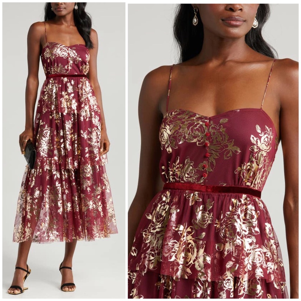 NEW Jewel Badgley Mischka Metallic Floral Tiered Tulle Cocktail Dress in Wine